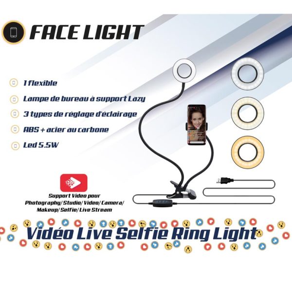 FACE LIGHT SUPPORT LUMINEUX SMARTPHONE VIDÉO LIVE AVEC PINCE - 3 modes d'éclairage, 11 niveaux d'intensité – Image 6