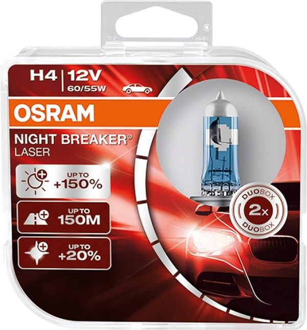 NIGHT BREAKER® LASER "NEXT GENERATION" - Jusqu'à 150% de lumière en plus, 20% plus blanche - Portée jusqu'à 150m - H4 -DUOBOX : 2 - OSRAM - 64193NL-HCB
