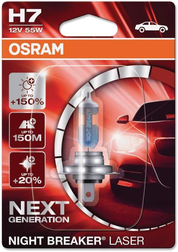 NIGHT BREAKER® LASER "NEXT GENERATION" - Jusqu'à 150% de lumière en plus, 20% plus blanche - Portée jusqu'à 150m - BLISTER : 1 - H7 - OSRAM - 64210NL-01B