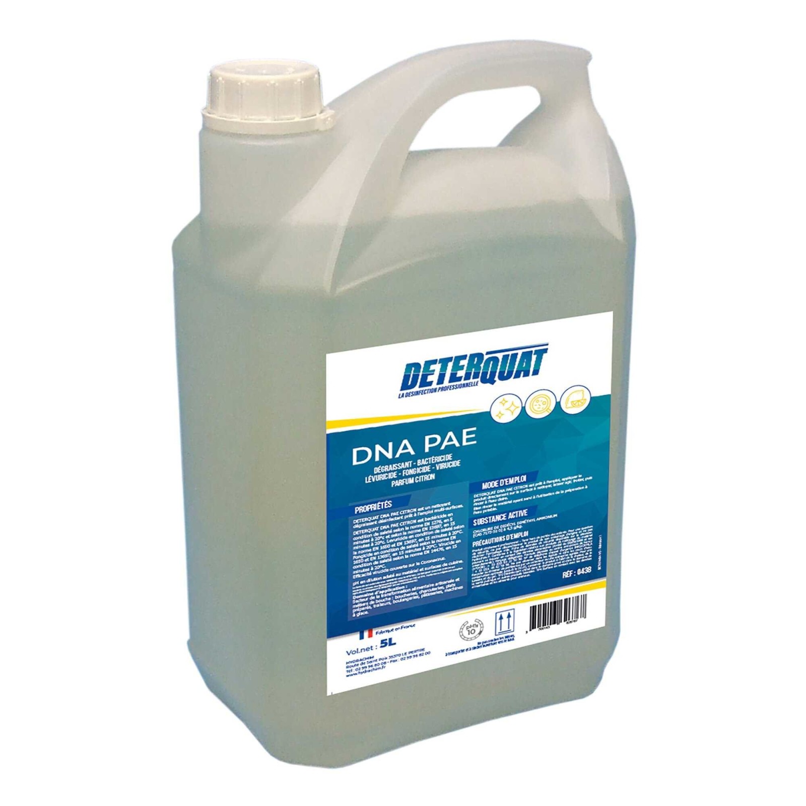 Deterquat dna prêt à l'emploi parfum citron. bactéricide, levuricide, fongicide, virucide. efficacité virucide couverte sur le coronavirus. le bidon de 5l - HYDRACHIM - HYGIENE CUISINE