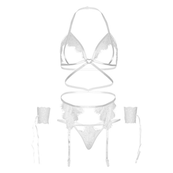 LEG AVENUE - ENSEMBLE QUATRE PIÈCES SOUTIEN-GORGE, STRING, PORTE-JARRETELLES ET POIGNETS TAILLE UNIQUE - BLANC - – Image 5