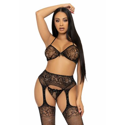 LEG AVENUE - ENSEMBLE TROIS PIÈCES SOUTIEN-GORGE, STRING ET BAS TAILLE UNIQUE - NOIR -