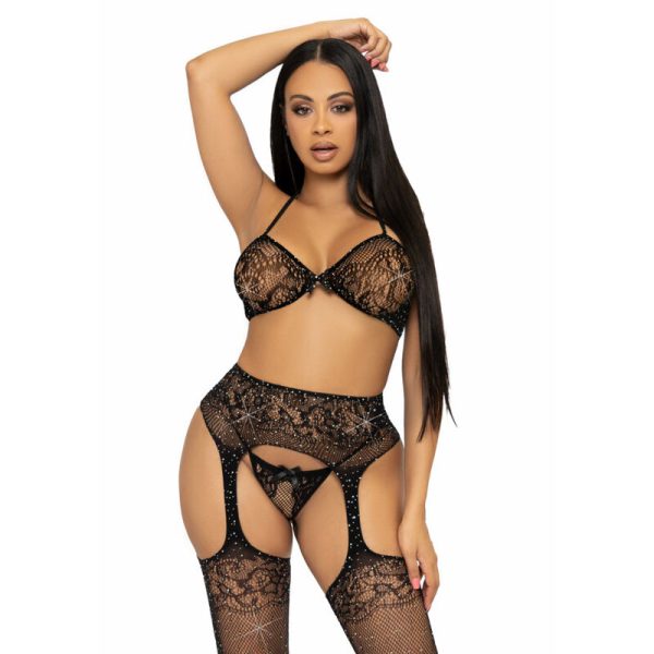 LEG AVENUE - ENSEMBLE TROIS PIÈCES SOUTIEN-GORGE, STRING ET BAS TAILLE UNIQUE - NOIR -