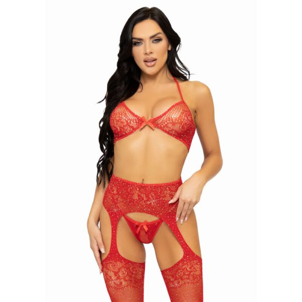 LEG AVENUE - ENSEMBLE TROIS PIÈCES SOUTIEN-GORGE, STRING ET BAS TAILLE UNIQUE - ROUGE -