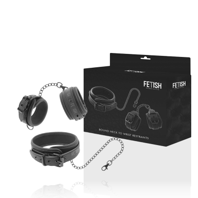 FETISH SUBMISSIVE - COLLIER ET MENOTTES EN CUIR VÉGAN AVEC DOUBLURE EN NOPRÈNE -