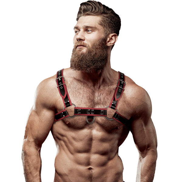 FETISH SUBMISSIVE ATTITUDE - HARNAIS POITRINE EN CUIR ÉCOLOGIQUE POUR HOMMES NOIR/ROUGE -