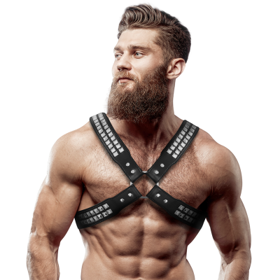 FETISH SUBMISSIVE ATTITUDE - HARNAIS POITRINE CROISÉE EN CUIR ÉCOLOGIQUE POUR HOMMES AVEC RIVETS -