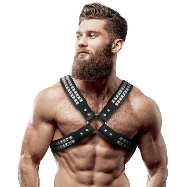 FETISH SUBMISSIVE ATTITUDE - HARNAIS POITRINE CROISÉE EN CUIR ÉCOLOGIQUE POUR HOMMES AVEC RIVETS -