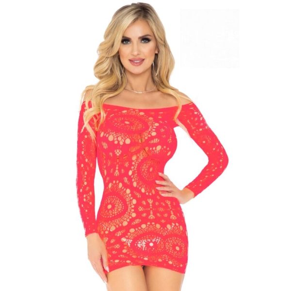 LEG AVENUE - MINI ROBE EN DENTELLE CROCHET  MANCHES LONGUES CORAIL TAILLE UNIQUE -