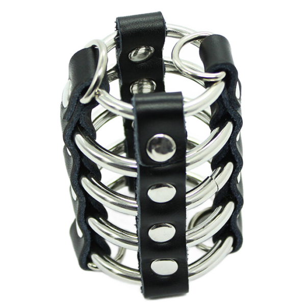 OHMAMA FETISH - CAGE  PÉNIS AVEC ANNEAUX MÉTALLIQUES ET SANGLE EN CUIR -