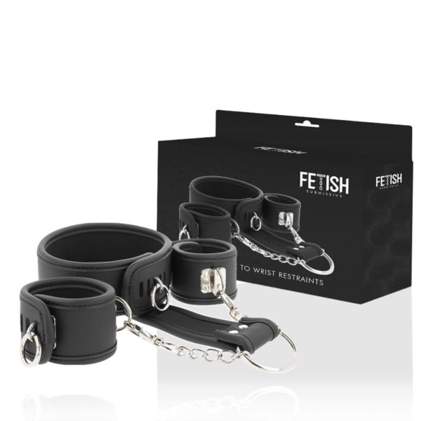 FETISH SUBMISSIVE - COLLIER ET MENOTTES EN CUIR VÉGAN AVEC DOUBLURE EN NOPRÈNE -