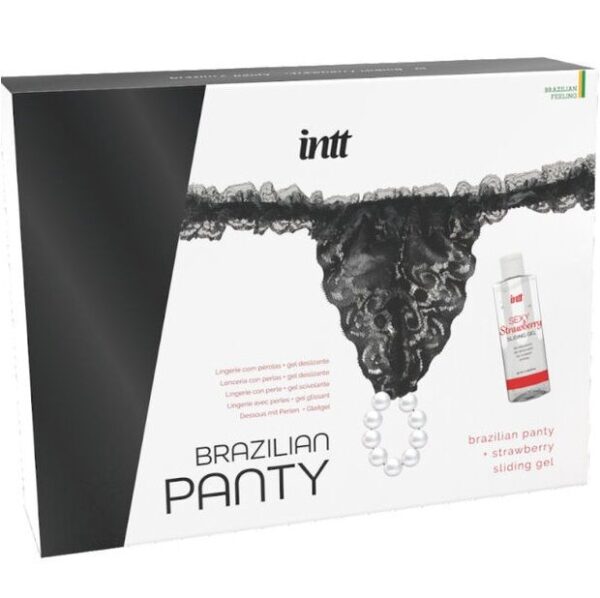 INTT RELEASES - CULOTTE BRÉSILIENNE NOIRE AVEC PERLES ET GEL LUBRIFIANT 50 ML -
