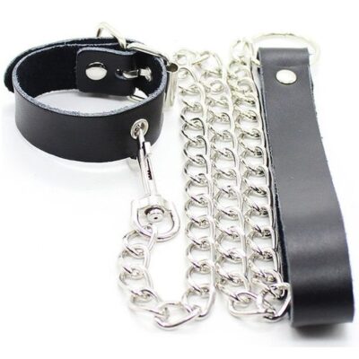 OHMAMA FETISH - COLLIER PÉNIS ET BRACELET EN CUIR AVEC CHAÎNE MÉTALLIQUE -