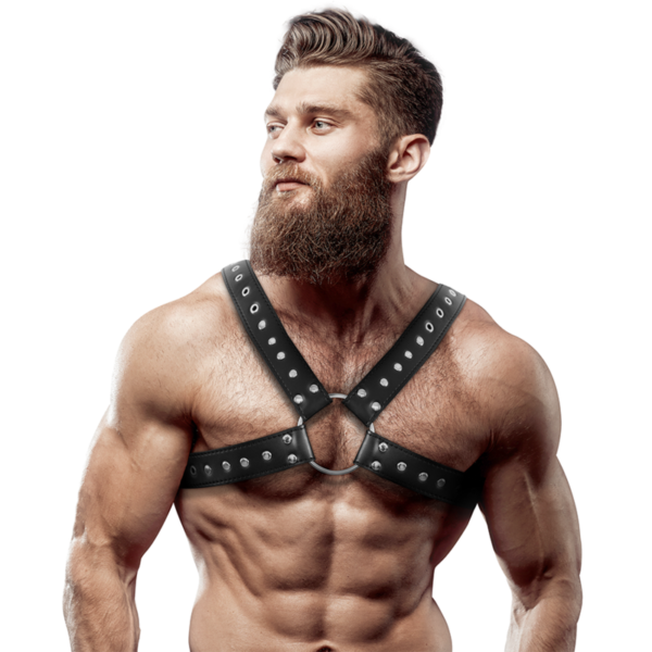 FETISH SUBMISSIVE ATTITUDE - HARNAIS POITRINE CROSS-OVER EN CUIR ÉCOLOGIQUE POUR HOMMES AVEC CLOUS -