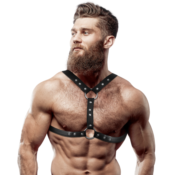 FETISH SUBMISSIVE ATTITUDE - HARNAIS POITRINE EN CUIR ÉCOLOGIQUE AVEC DOUBLE SUPPORT ET CLOUS POUR HOMMES -