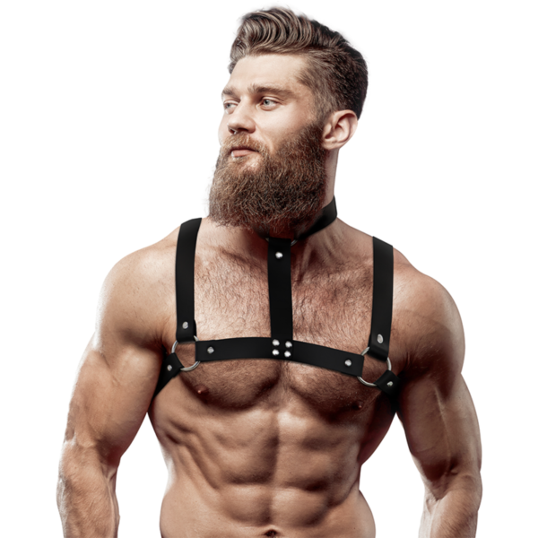 FETISH SUBMISSIVE ATTITUDE - HARNAIS POITRINE AJUSTABLE EN CUIR ÉCOLOGIQUE AVEC COLLIER POUR HOMMES -