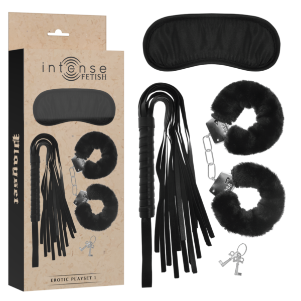 INTENSE FETISH - PLAYSET ÉROTIQUE 1 AVEC MENOTTES, MASQUE AVEUGLE ET FLOGGER -