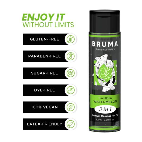 BRUMA - HUILE DE MASSAGE PREMIUM EFFET CHALEUR SAVEUR DE PASTÈQUE 3 EN 1 - 100 ML - – Image 3