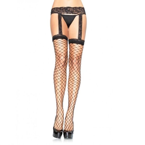 LEG AVENUE - BAS RÉSILLE AVEC JARRATIÈRE EN DENTELLE NOIRE -