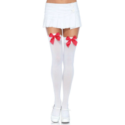 LEG AVENUE - CUISSES HAUTES EN NYLON AVEC NOEUD BLANC / ROUGE -