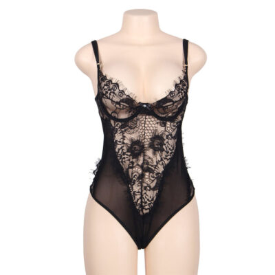 SUBBLIME - QUEEN PLUS DENTELLE FLORALE ET TEDDY NOIR  FRANGES -