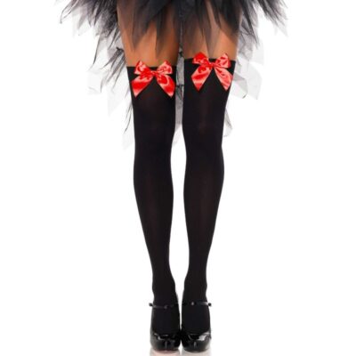 LEG AVENUE - CUISSES HAUTES EN NYLON NOIR AVEC NOEUD ROUGE TAILLE UNIQUE -
