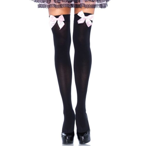 LEG AVENUE - CUISSES HAUTES EN NYLON NOIR AVEC NOEUD ROSE TAILLE UNIQUE -