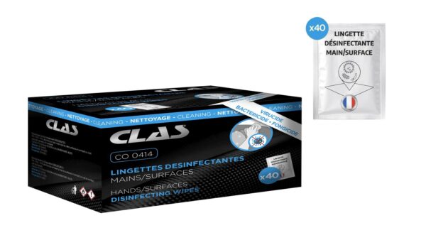 40 lingettes désinfectantes mains/surfaces EN 14476 / EN 1276 / EN 1650 - CO 0414 - CLAS Equipements