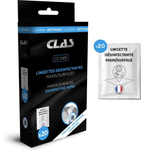 20 lingettes désinfectantes mains/surfaces EN 14476 / EN 1276 / EN 1650 - CO 0415 - CLAS Equipements