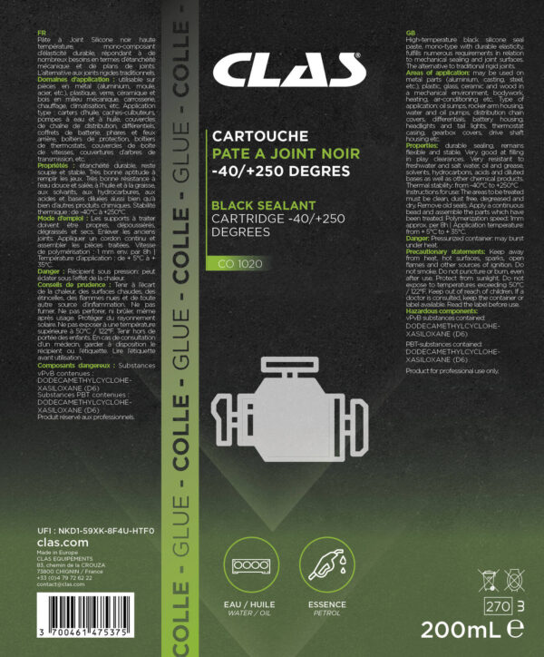 Cartouche pâte à joint noire -40/+250 degrés 200ml - CO 1020 - CLAS Equipements – Image 2
