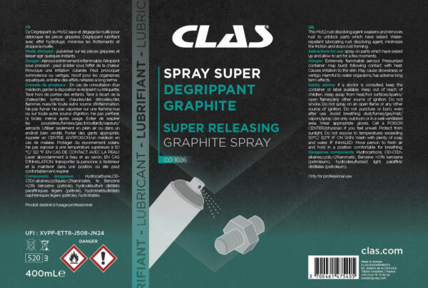 Spray super dégrippant graphite 400ml - CO 1026 - CLAS Equipements – Image 2