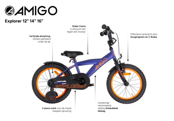 Children bikes Explorer 12 Pouces 20 cm Garçon Frein à rétropédalage Bleu/Orange - AMIGO – Image 2