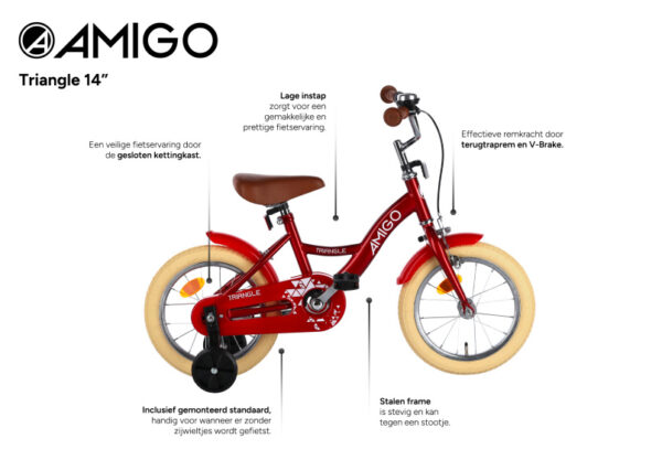 Vélos garçons Triangle 14 Pouces 23 cm Junior Frein à rétropédalage Rouge - AMIGO – Image 2