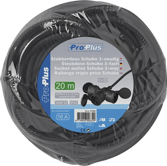 Power cables câble d'extension Schuko 3-gang 20 mètres 3x1.5mm² noir - ProPlus – Image 7
