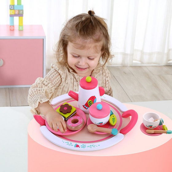 Toy food Service à thé en bois blanc/rose 19 pièces - Tooky Toy – Image 4
