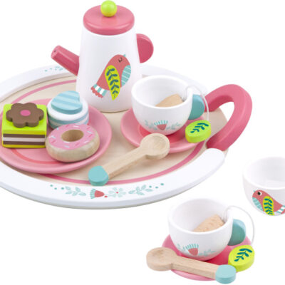 Toy food Service à thé en bois blanc/rose 19 pièces - Tooky Toy