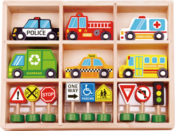 Toy vehicles Ensemble de véhicules et de panneaux de signalisation en bois 16 pièces - Tooky Toy – Image 2
