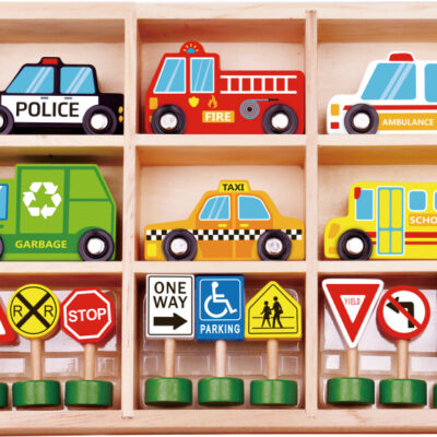 Toy vehicles Ensemble de véhicules et de panneaux de signalisation en bois 16 pièces - Tooky Toy