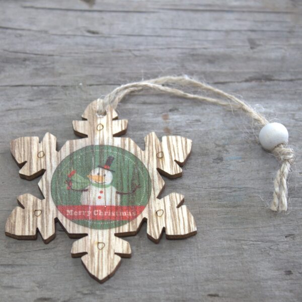 Pack de 2 décorations artisanales de Noël en bois - Flocon de neige et bonhomme de neige- Vendu par 1