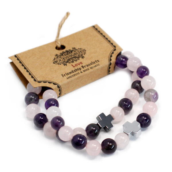 Lot de 2 Bracelets d'Amitié Pierres Précieuses - Amour - Améthyste & Quartz Rose- Vendu par 1