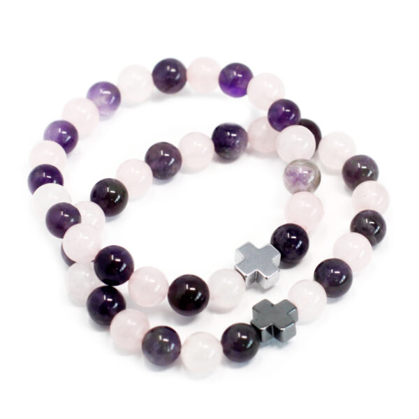Lot de 2 Bracelets d'Amitié Pierres Précieuses - Amour - Améthyste & Quartz Rose- Vendu par 1 – Image 2