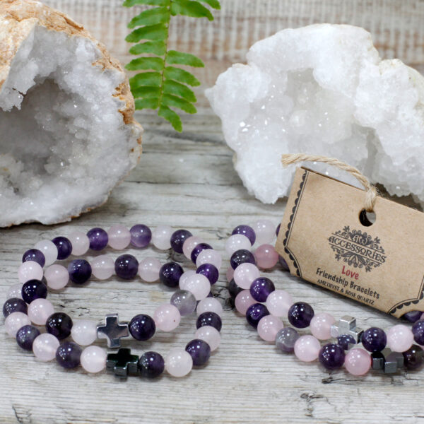 Lot de 2 Bracelets d'Amitié Pierres Précieuses - Amour - Améthyste & Quartz Rose- Vendu par 1 – Image 4