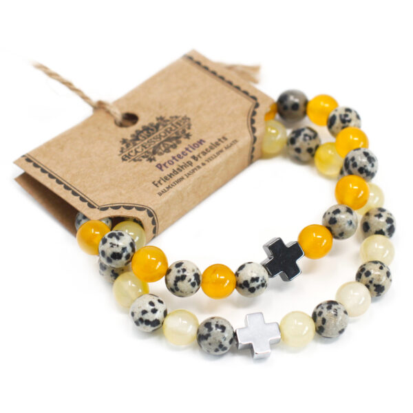 Lot de 2 Bracelets d'amitié Pierres Précieuses - Protection - Jaspe Dalmatien & Agate Jaune- Vendu par 1