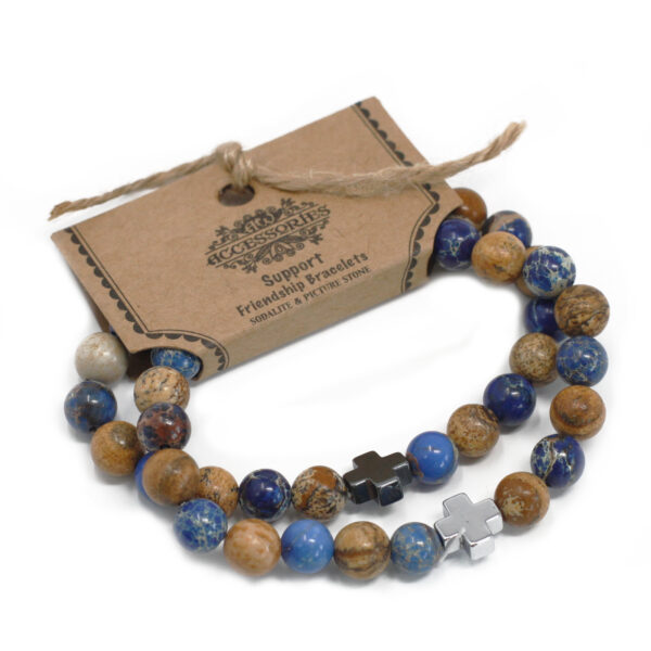 Lot de 2 Bracelets d'Amitié Pierres Précieuses - Support - Sodalite & Picturestone- Vendu par 1