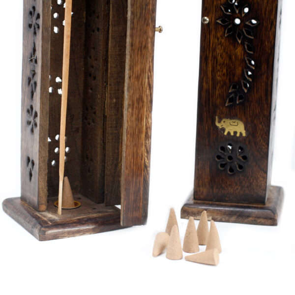 Tour d'Encens Carrée - Incrustation de Laiton - Bois de Manguier- Vendu par 1 – Image 4