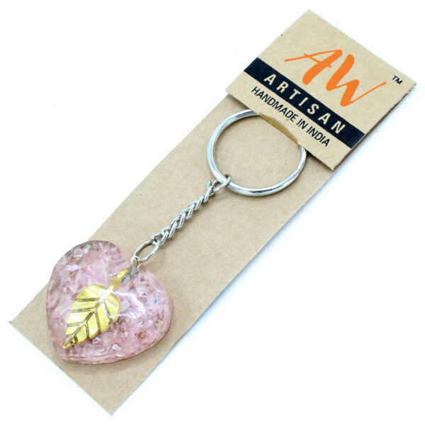 Porte-clés Orgonite Power - Coeurs de Quartz Rose Feuille d'Or- Vendu par 1