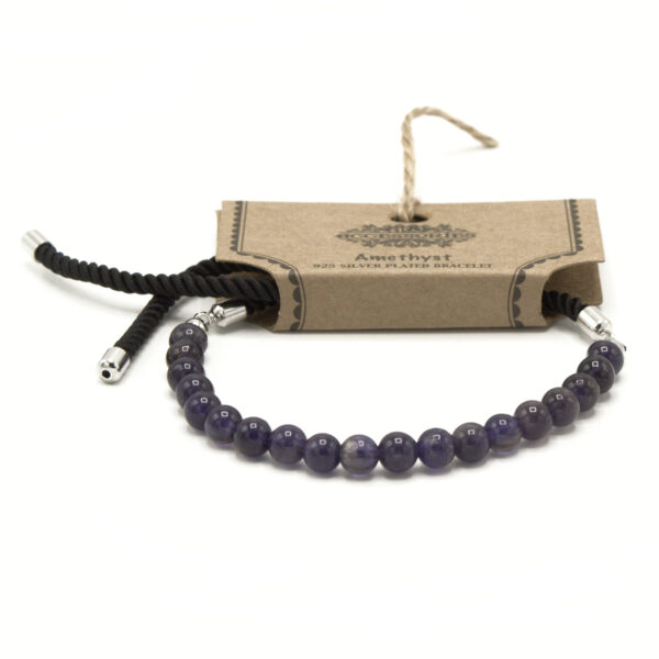 Bracelet à cordon noir avec pierres précieuses plaqué argent 925 - Améthyste- Vendu par 1 – Image 2