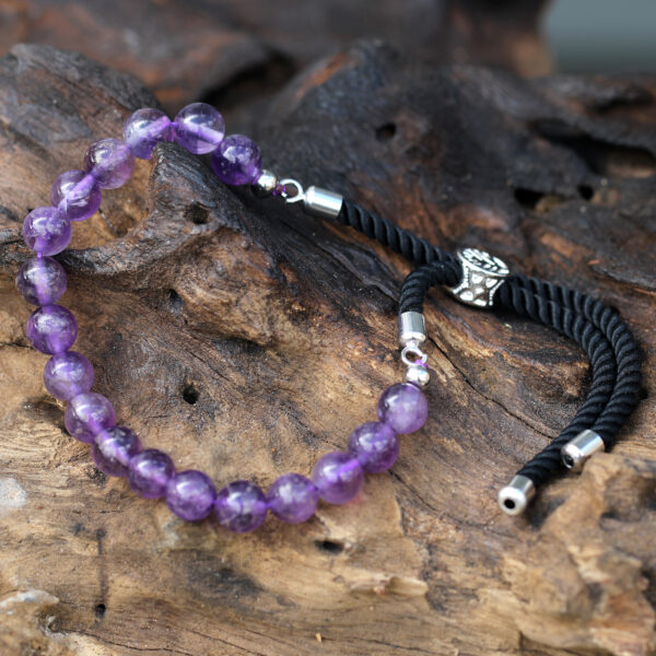Bracelet à cordon noir avec pierres précieuses plaqué argent 925 - Améthyste- Vendu par 1 – Image 3
