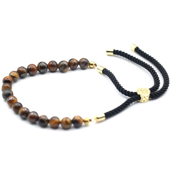 Bracelet à cordon noir avec pierres précieuses plaquées or 18 carats - Oeil de Tigre- Vendu par 1
