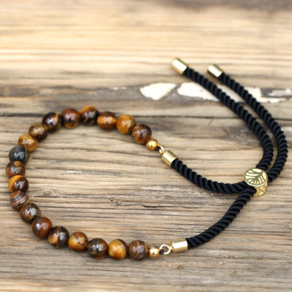 Bracelet à cordon noir avec pierres précieuses plaquées or 18 carats - Oeil de Tigre- Vendu par 1 – Image 2
